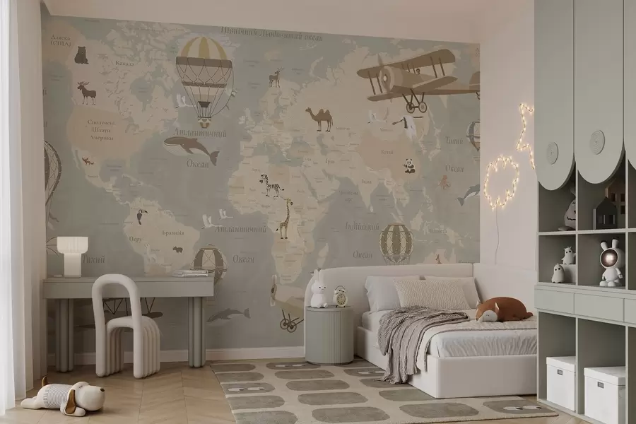 murales de pared Mapa mundial infantil con animales, aviones y globos aerostáticos. Idioma ucraniano. Color beige. c00003uk