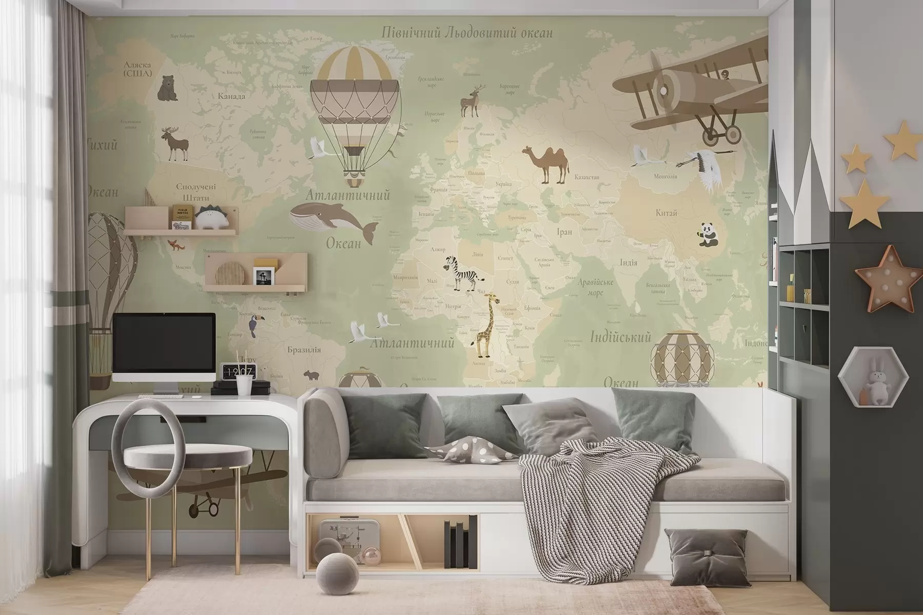 murales de pared Mapa del mundo para niños con animales, aviones y globos aerostáticos. Idioma ucraniano. Color verde. c00003ukv2
