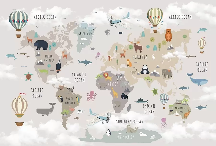 murales de pared Mapa del mundo para niños con animales y globos aerostáticos. En inglés. c00002en