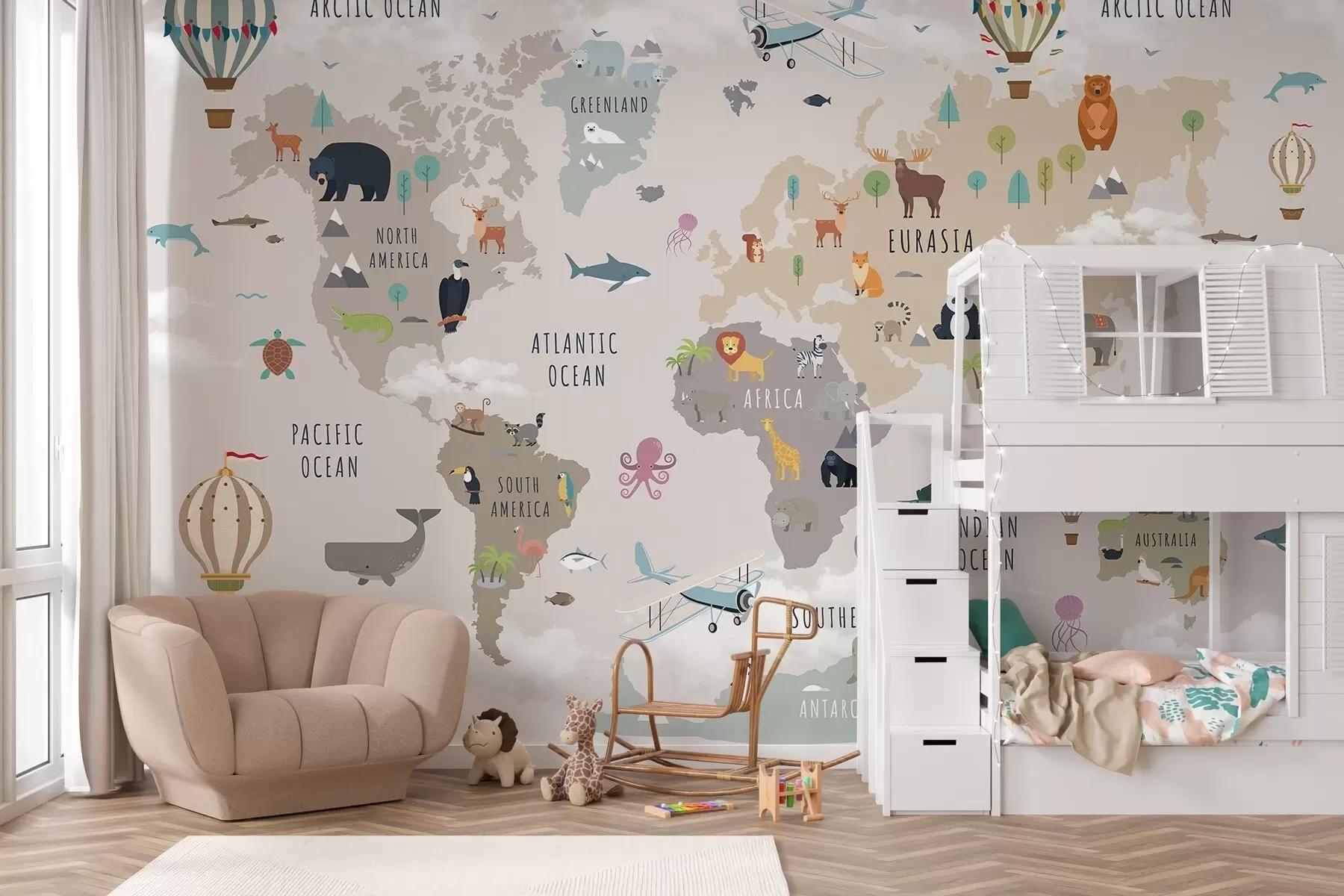 murales de pared Mapa del mundo para niños con animales y globos aerostáticos. En inglés. c00002en
