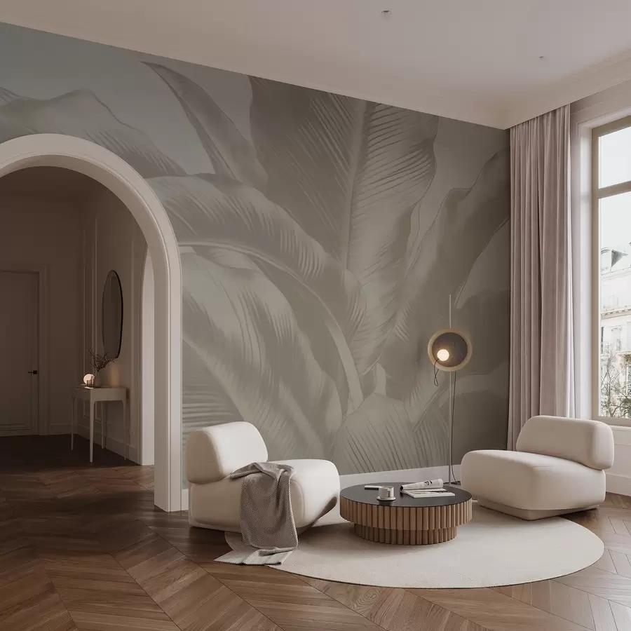 murales de pared Hojas largas, hojas de plátano con efecto desgastado. w04827v4