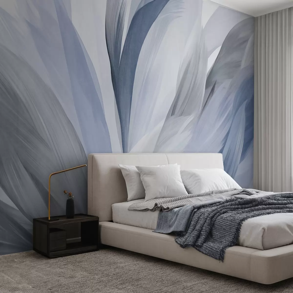 murales de pared Plumas abstractas con textura en azul, blanco y gris y varios tonos, superpuestas sobre un fondo blanco w09531v1