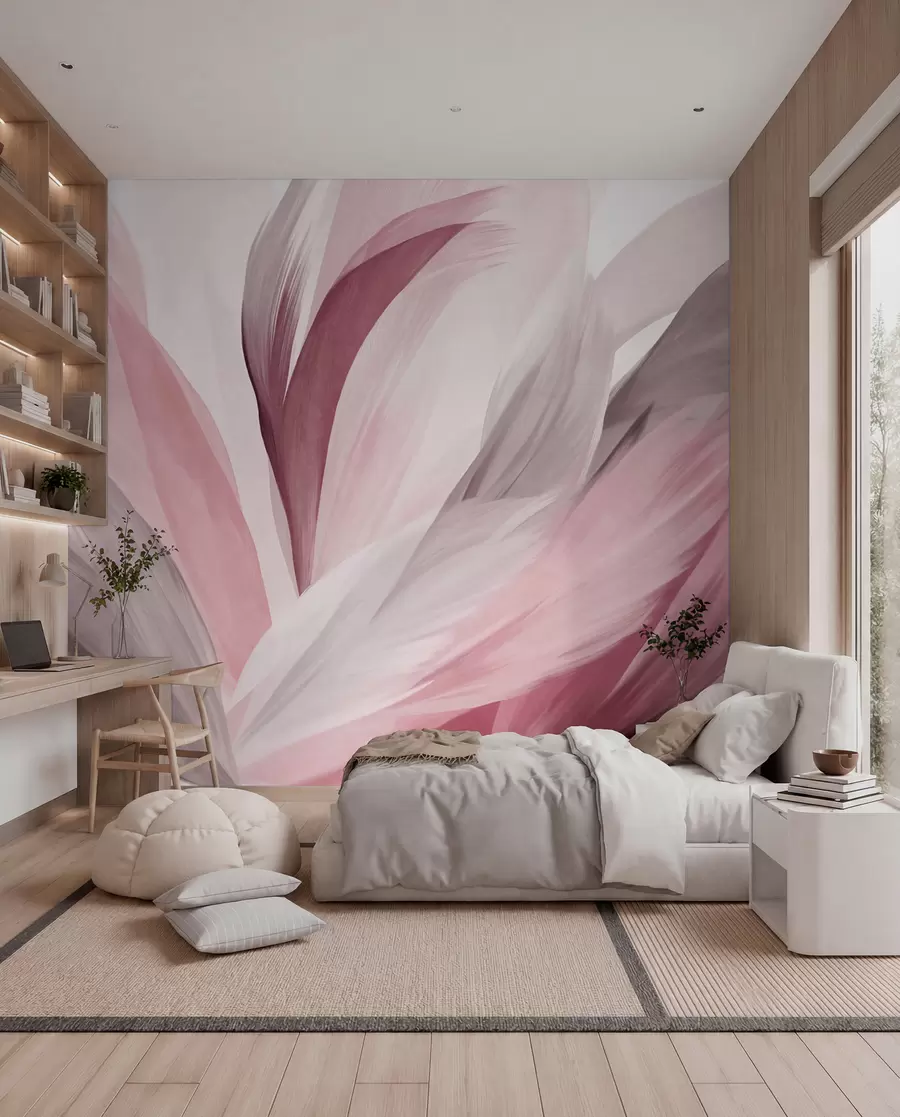 murales de pared Plumas abstractas con textura en rosa, blanco y gris y varios tonos, superpuestas sobre un fondo blanco w09531v2