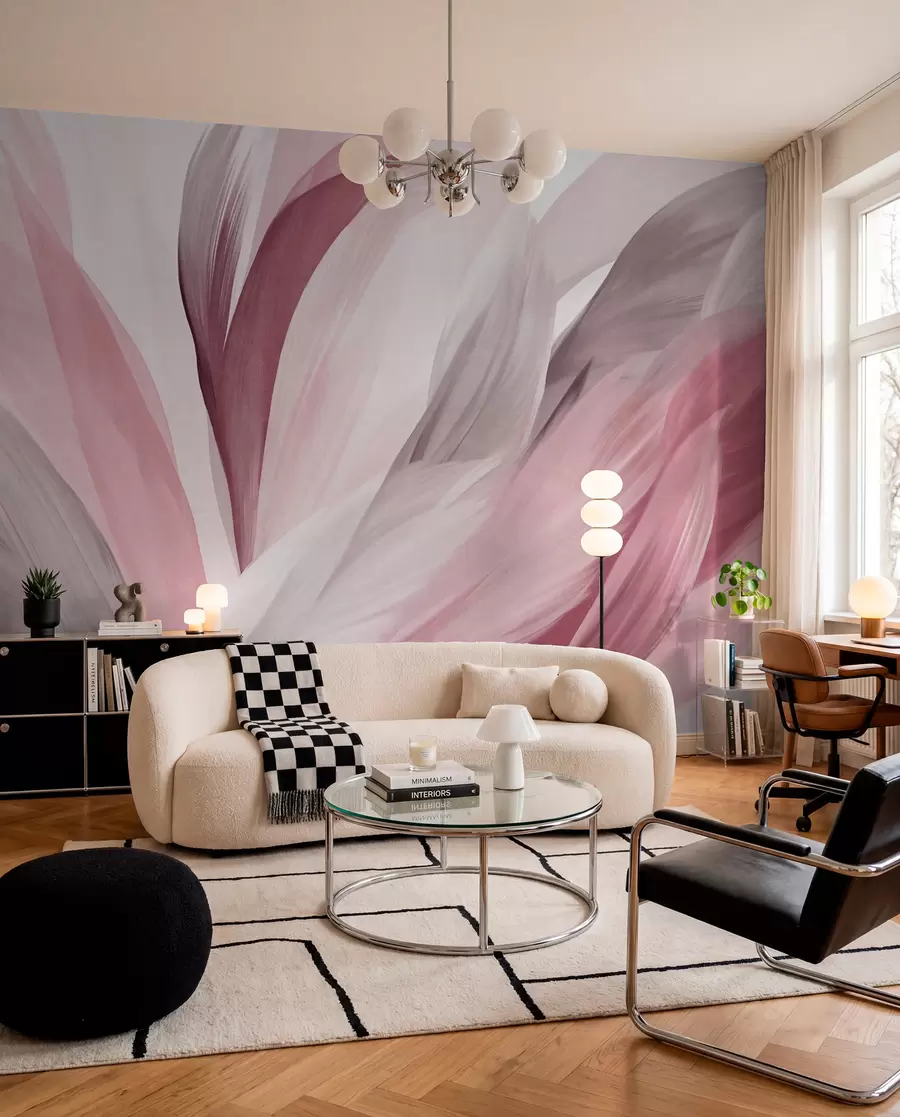 murales de pared Plumas abstractas con textura en rosa, blanco y gris y varios tonos, superpuestas sobre un fondo blanco w09531v2