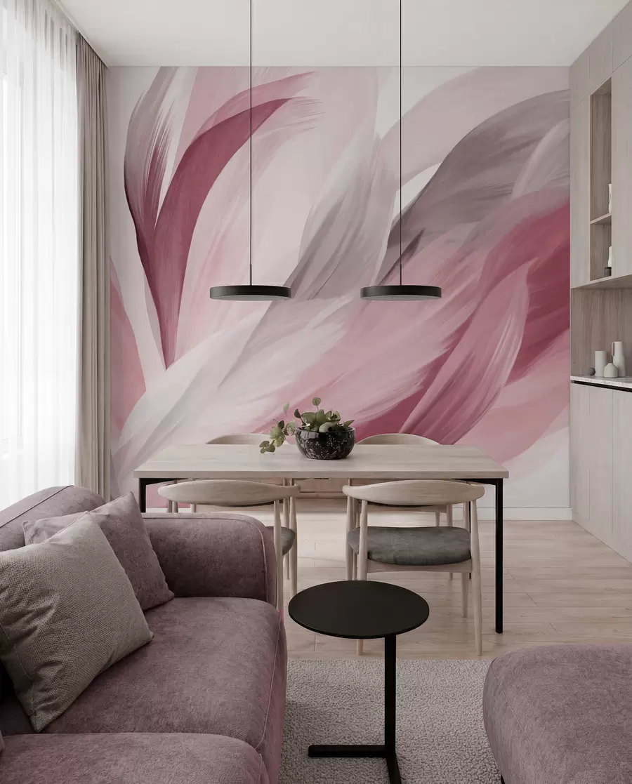 murales de pared Plumas abstractas con textura en rosa, blanco y gris y varios tonos, superpuestas sobre un fondo blanco w09531v2