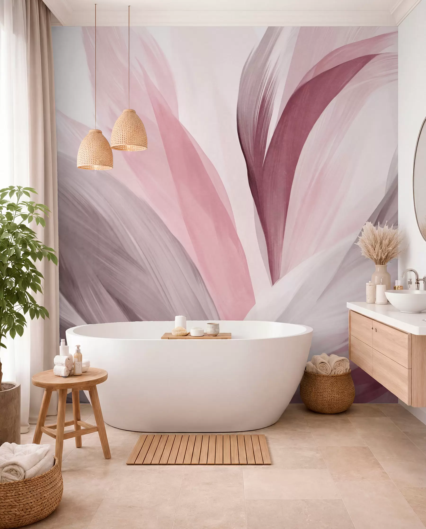 murales de pared Plumas abstractas con textura en rosa, blanco y gris y varios tonos, superpuestas sobre un fondo blanco w09531v2