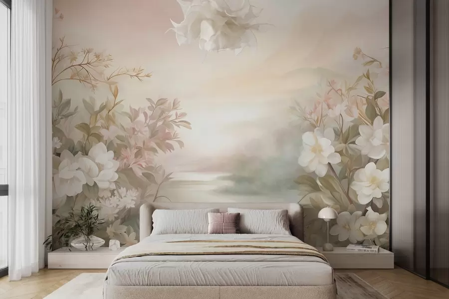 murales de pared Un paisaje con un río rodeado de flores y plantas, colores suaves, cielo rosado, estilo con textura de acuarela w09537