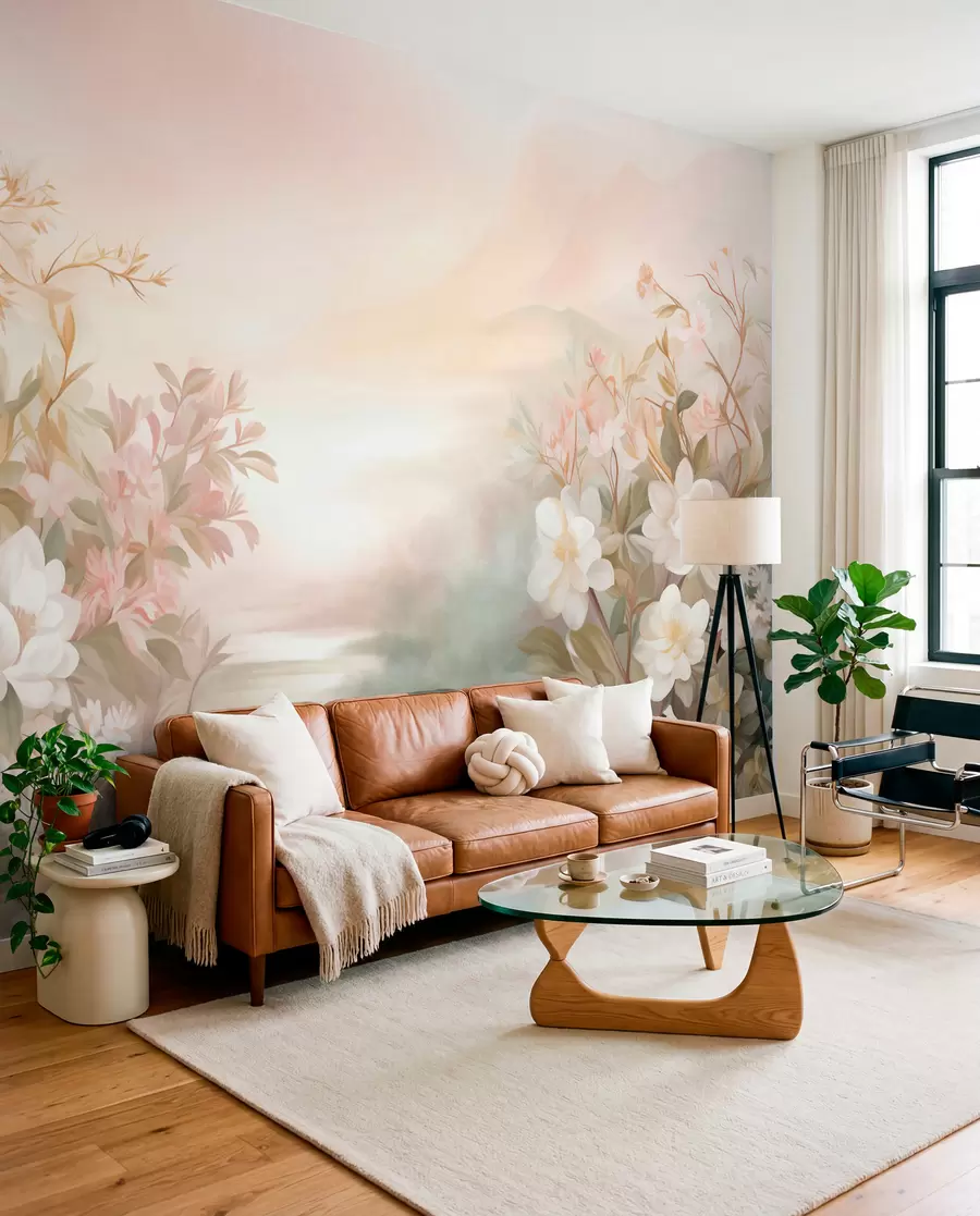 murales de pared Un paisaje con un río rodeado de flores y plantas, colores suaves, cielo rosado, estilo con textura de acuarela w09537