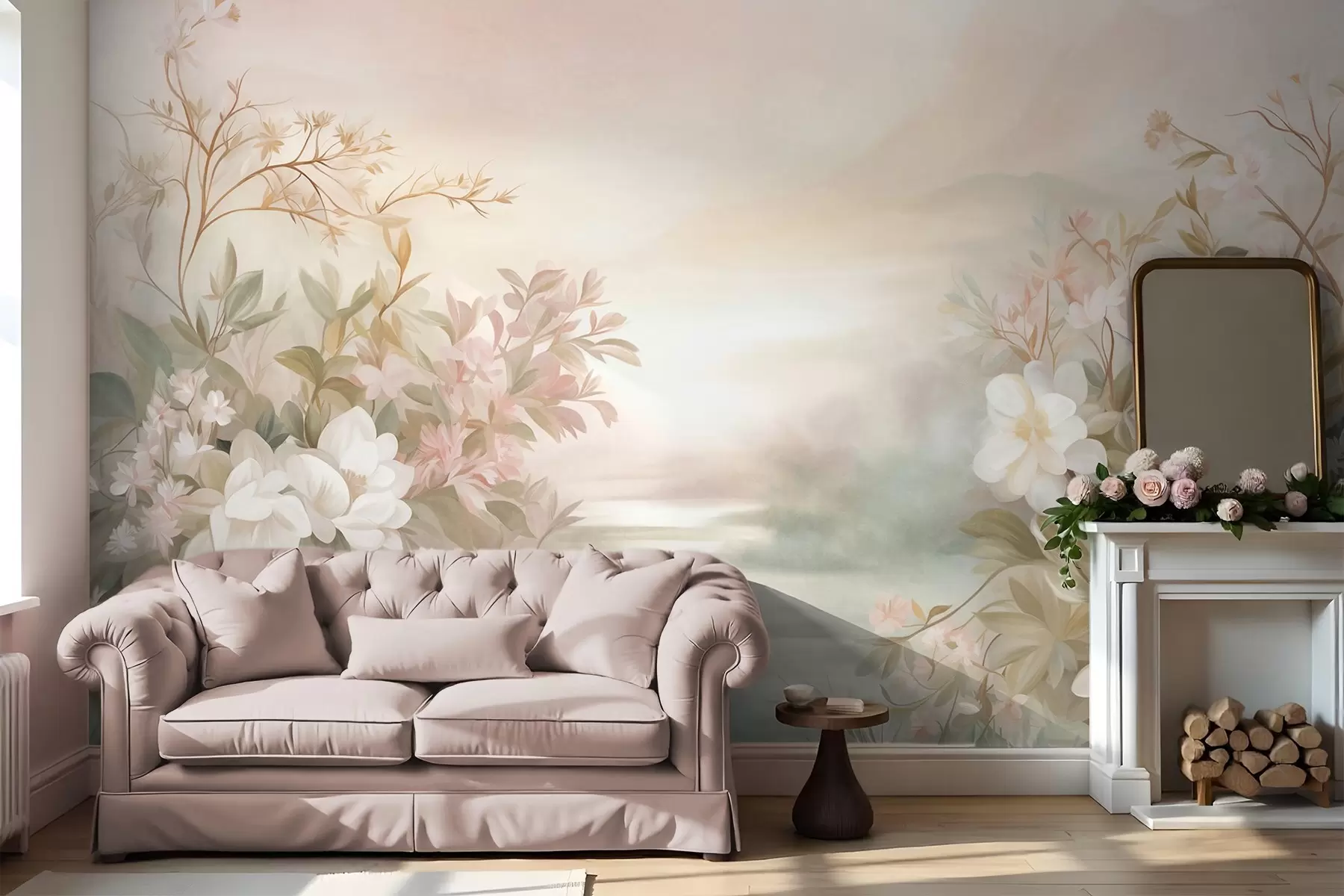 murales de pared Un paisaje con un río rodeado de flores y plantas, colores suaves, cielo rosado, estilo con textura de acuarela. w09537