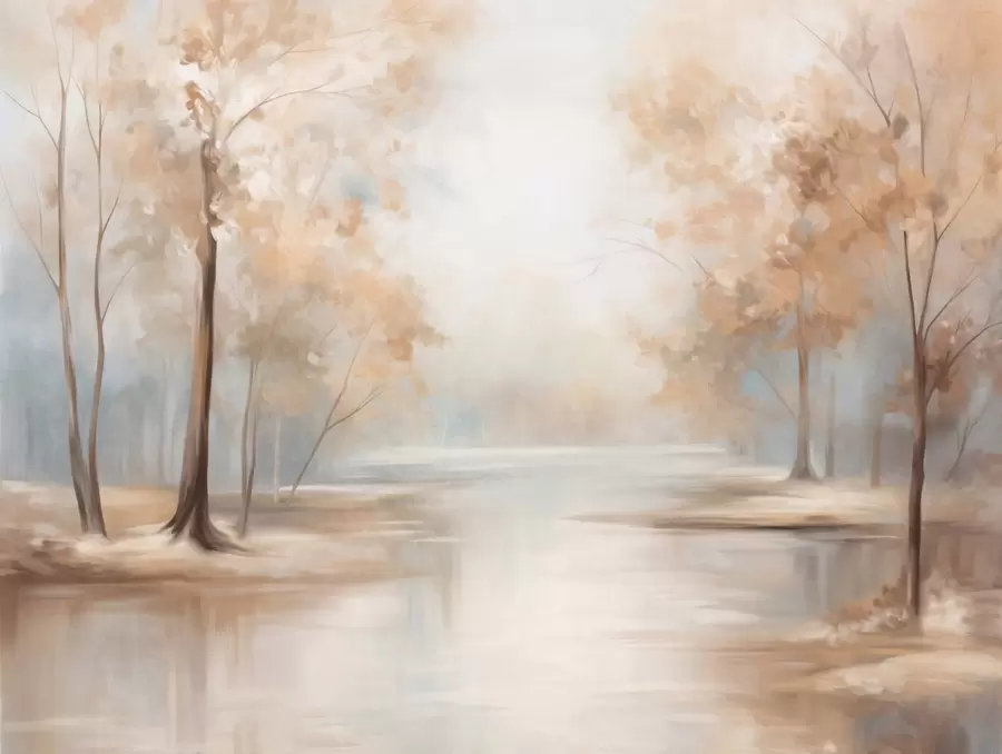 murales de pared Paisaje otoñal con árboles y un río, colores suaves, atmósfera ligera y aireada, escena pacífica y tranquila w09541