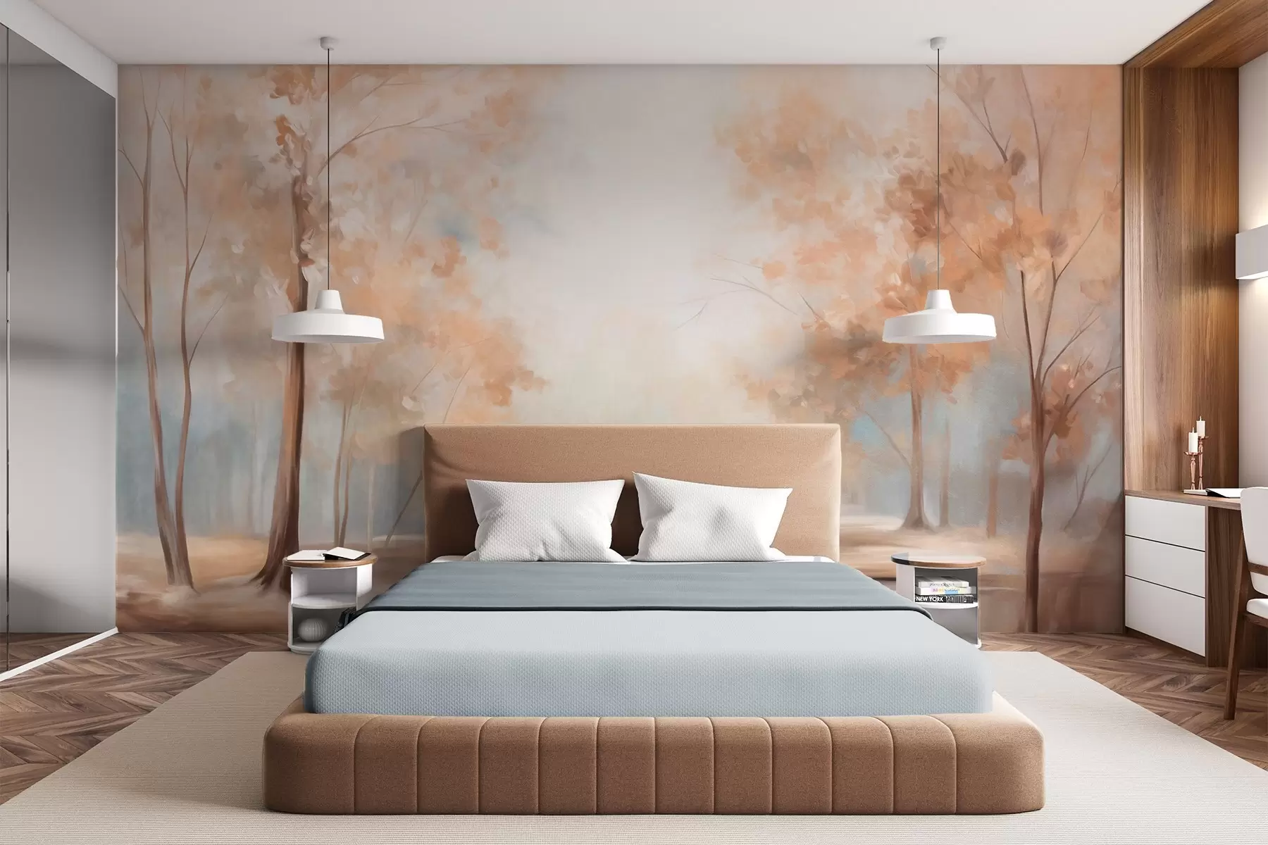 murales de pared Paisaje otoñal con árboles y un río, colores suaves, atmósfera ligera y aireada, escena pacífica y tranquila w09541
