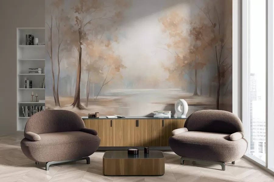 murales de pared Paisaje otoñal con árboles y un río, colores suaves, atmósfera ligera y aireada, escena pacífica y tranquila. w09541