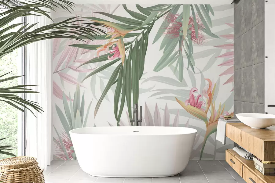 murales de pared Strelitzia entre el follaje de las palmeras w04896v2