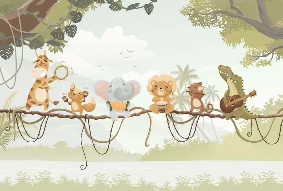 murales de pared Animales con instrumentos musicales frente a un paisaje tropical w04505v1