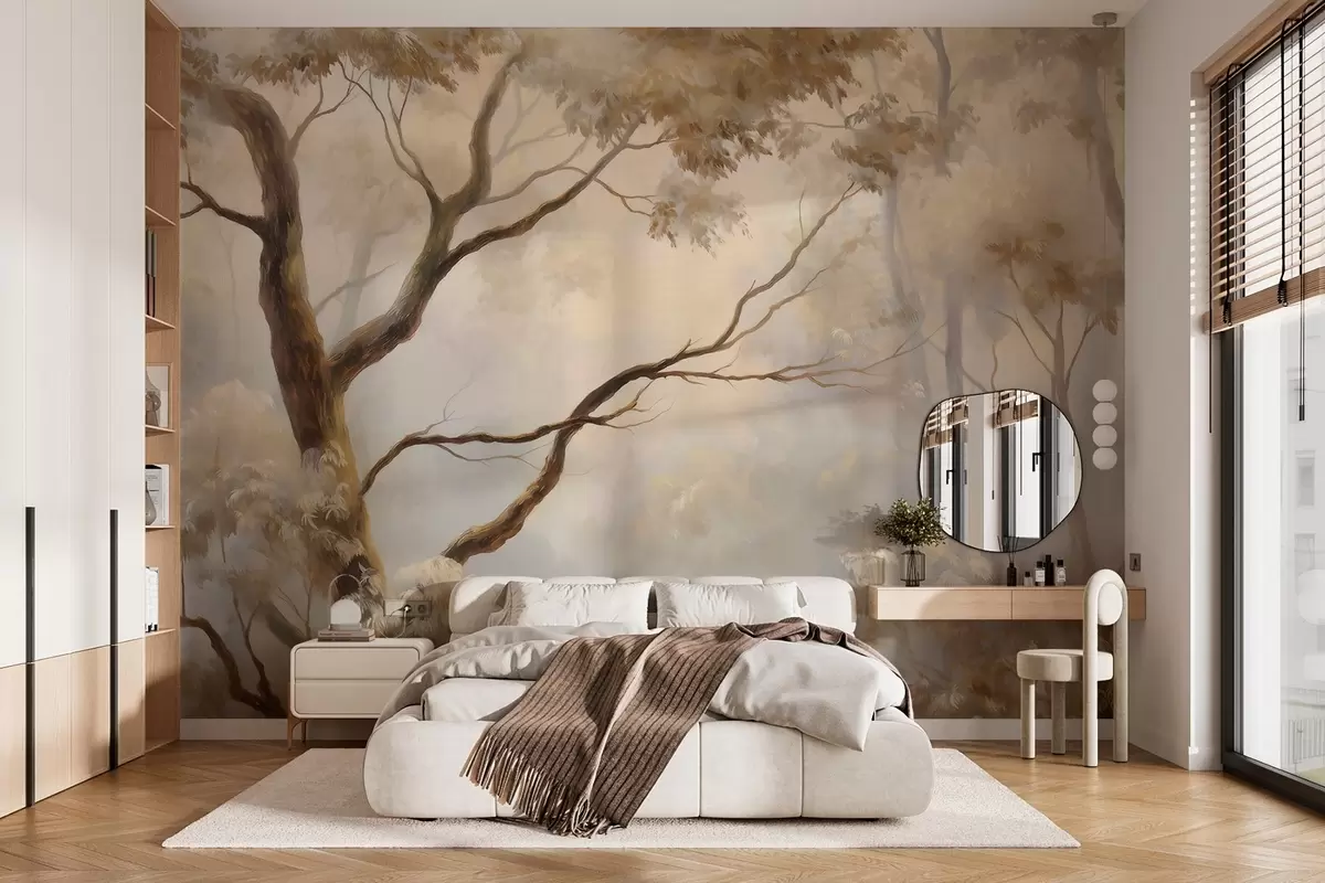 murales de pared El bosque envuelto en la ligera niebla matinal. Una delicada pintura atmosférica al estilo de un paisaje artístico. w04817