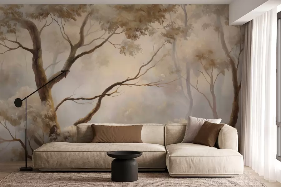 murales de pared El bosque envuelto en la ligera niebla matinal. Una delicada pintura atmosférica al estilo de un paisaje artístico w04817