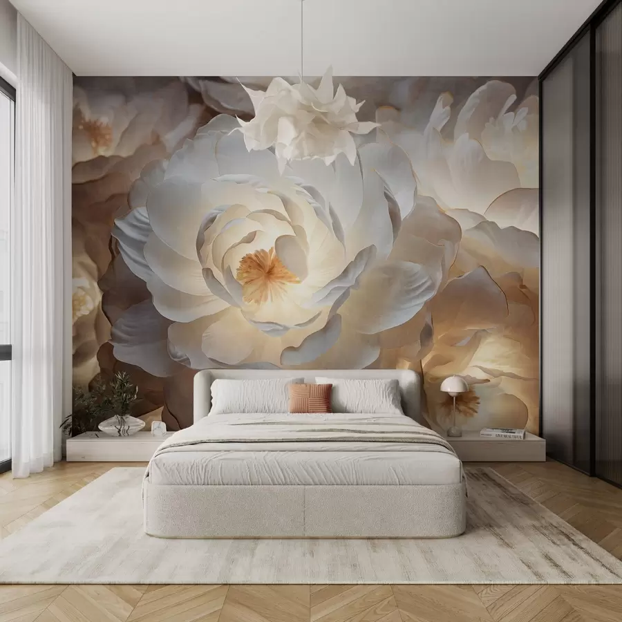 murales de pared Grandes flores de peonía blancas con centros amarillos, iluminación suave y pétalos delicados con textura en capas. w09550