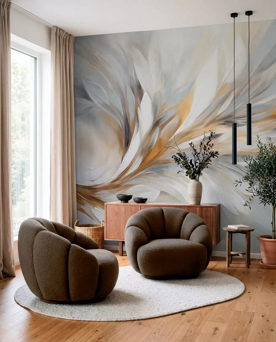 murales de pared Estilo de pintura abstracta con pinceladas texturizadas en blanco, amarillo y gris sobre un fondo suave y claro w09552