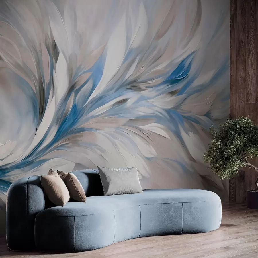 murales de pared Estilo de pintura abstracta con pinceladas texturizadas en blanco, azul y gris sobre un fondo suave y claro w09552v1