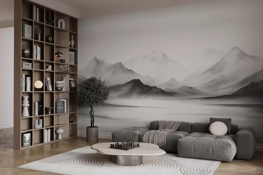 murales de pared Un paisaje monocromático con textura, montañas brumosas y un lago en primer plano w09555