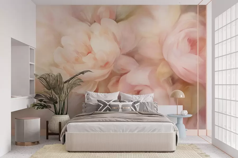 murales de pared Peonías difuminadas en rosa pálido y crema con suaves pinceladas pictóricas, creando un arreglo floral con textura. w09556