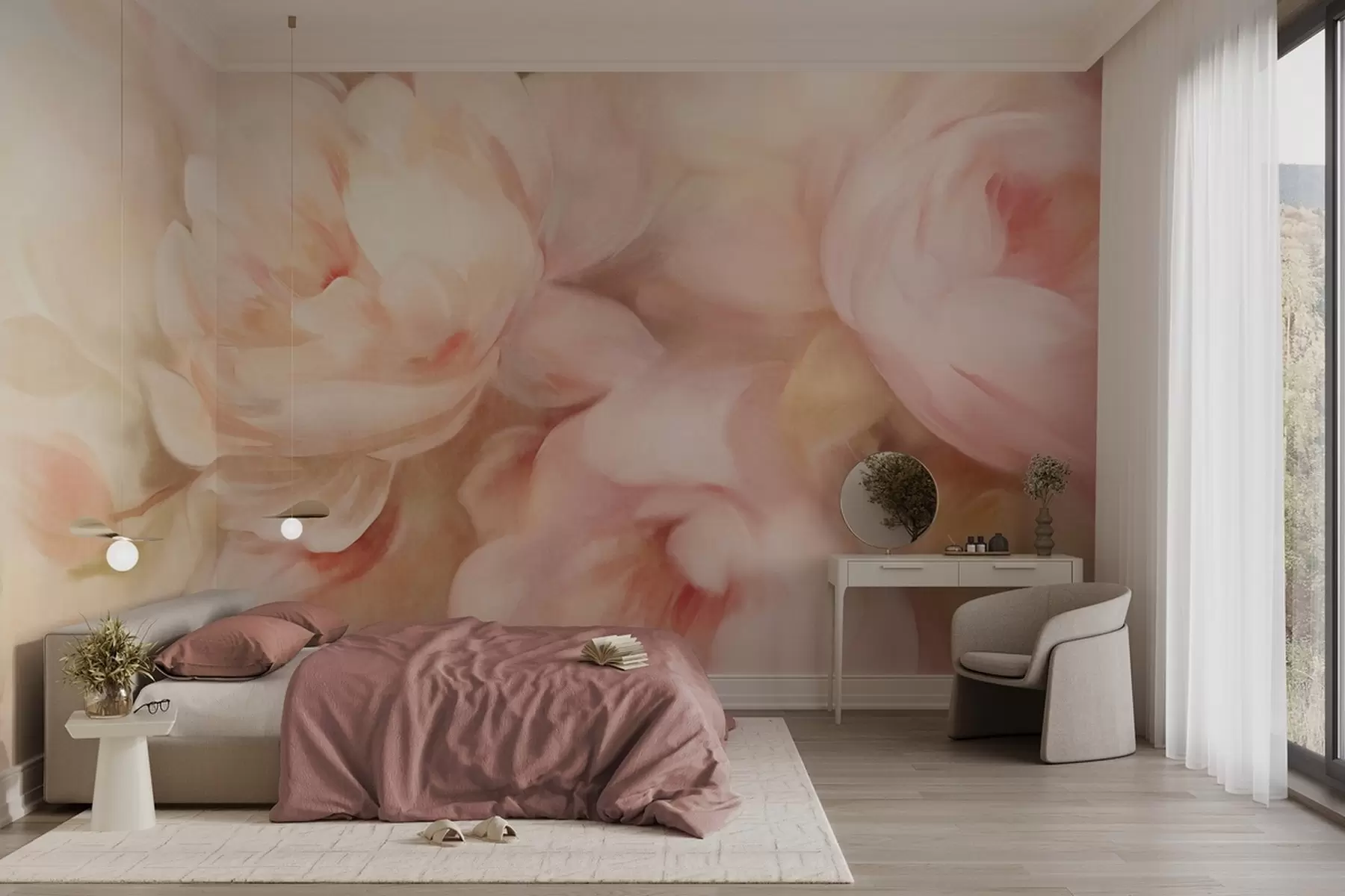 murales de pared Peonías difuminadas en rosa pálido y crema con suaves pinceladas pictóricas, creando un arreglo floral con textura w09556