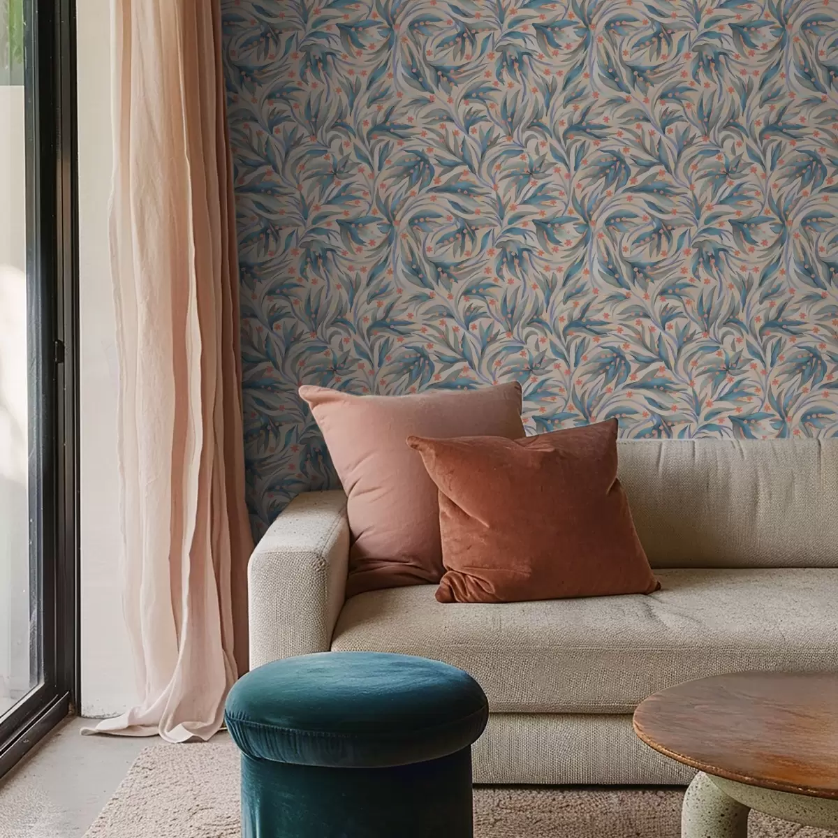 Papel pintado Follaje azul abstracto con flores coralinas a00852