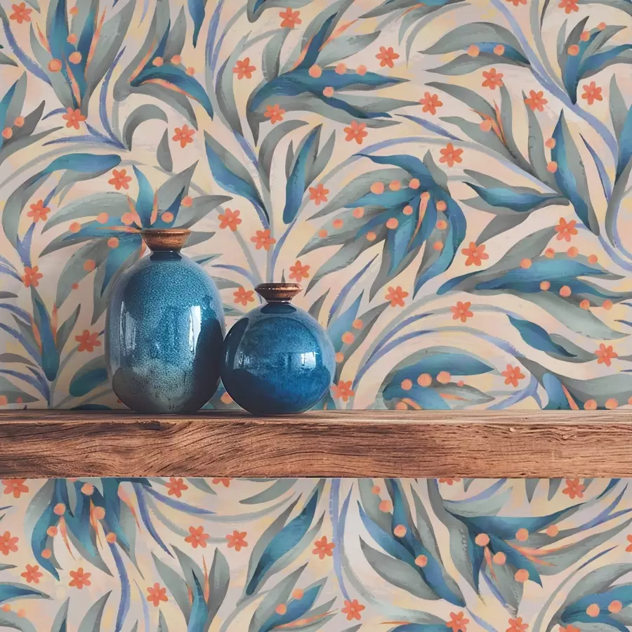 murales de pared Follaje azul abstracto con flores coralinas a00852