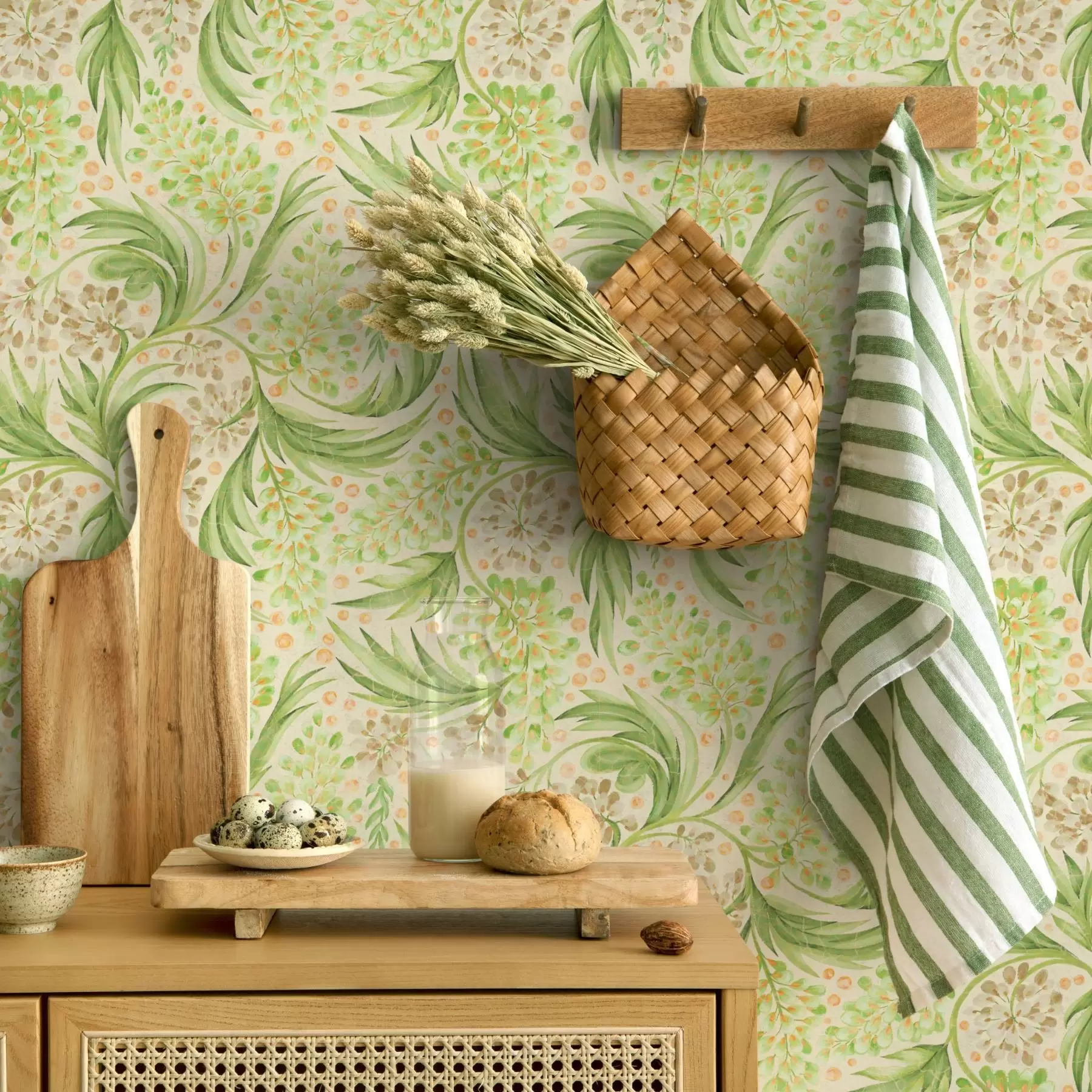 murales de pared Motivo floral ligero en suaves tonos verdes a00853