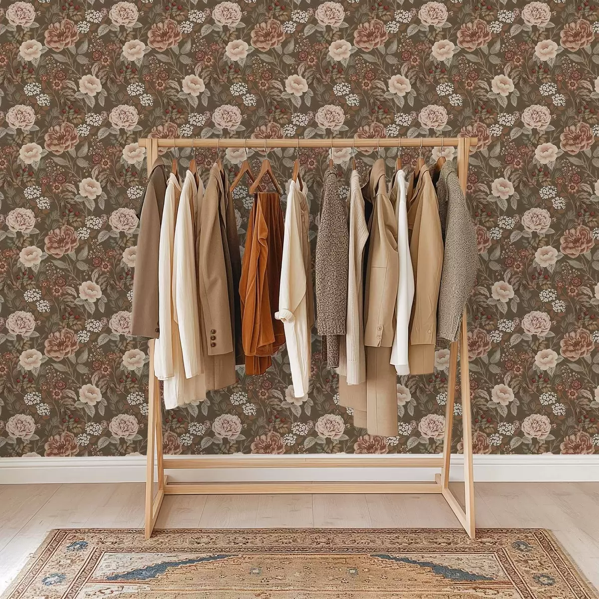 Papel pintado Rosas cálidas y bayas sobre fondo marrón a00868