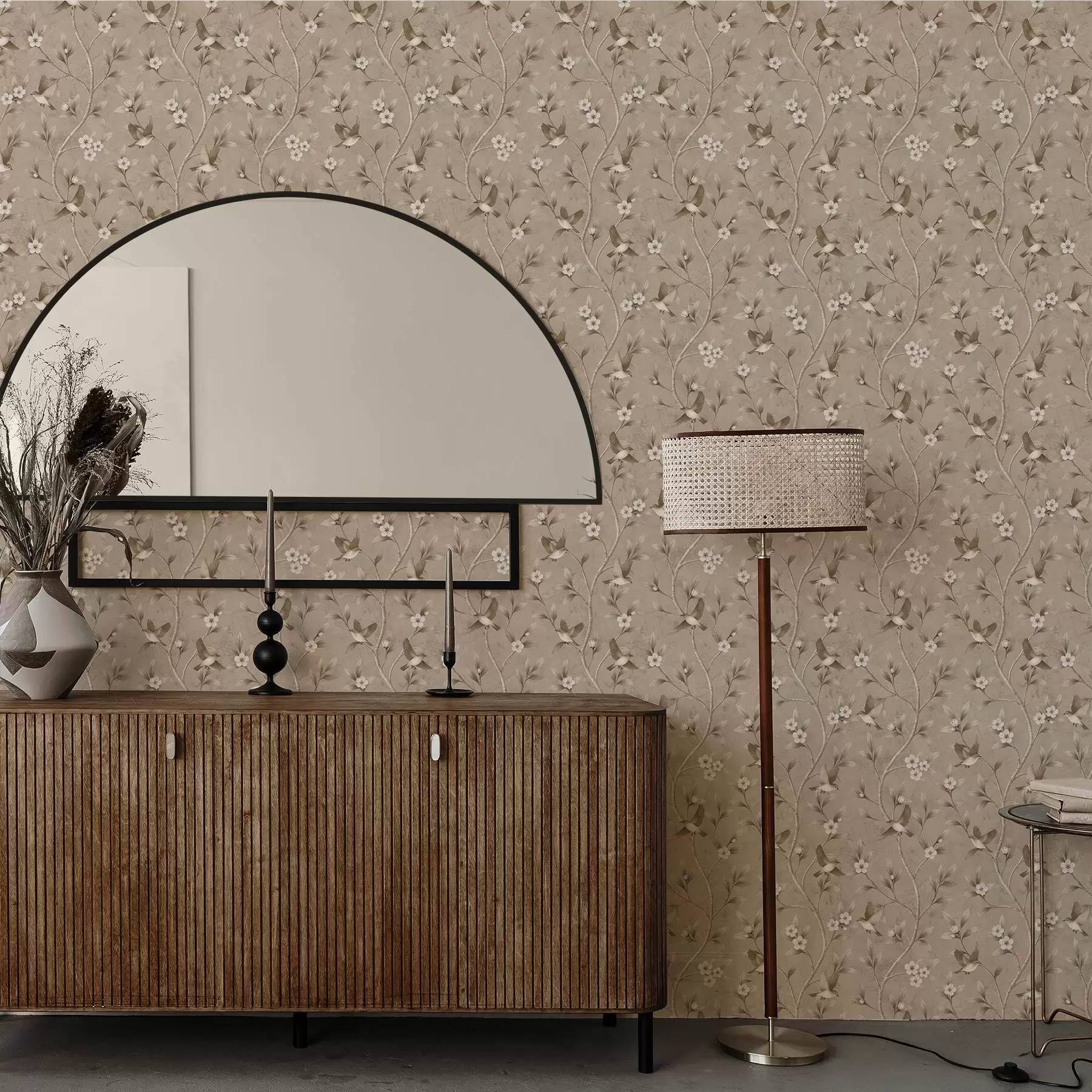 murales de pared Pájaros y ramas en flor en cálidos tonos sepia. a00882