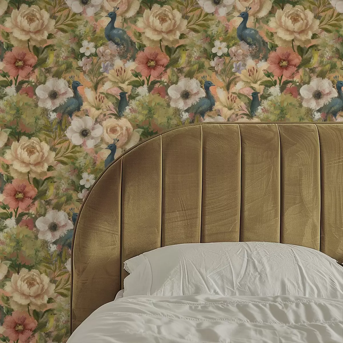 Papel pintado Jardín pintoresco con pavos reales y flores grandes a00885