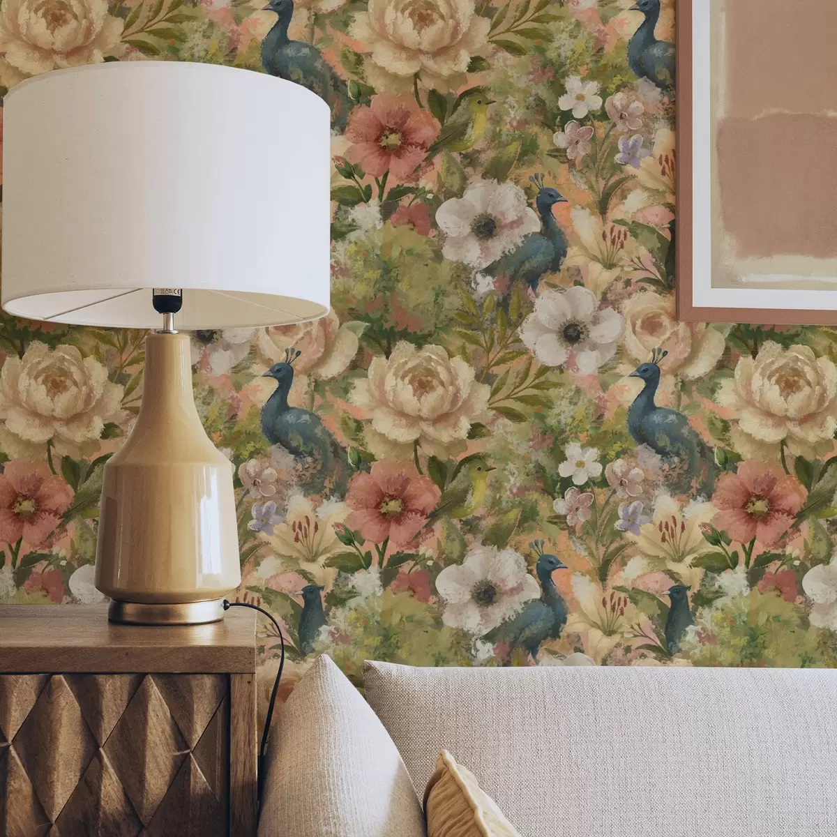 Papel pintado Jardín pintoresco con pavos reales y flores grandes a00885