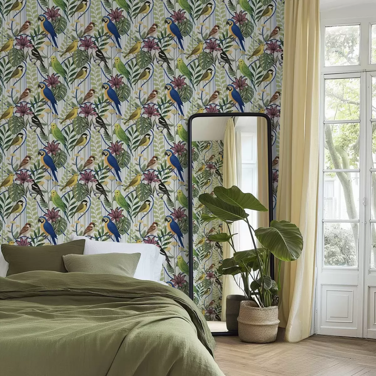 Papel pintado Alegres aves exóticas entre la vegetación tropical a00887