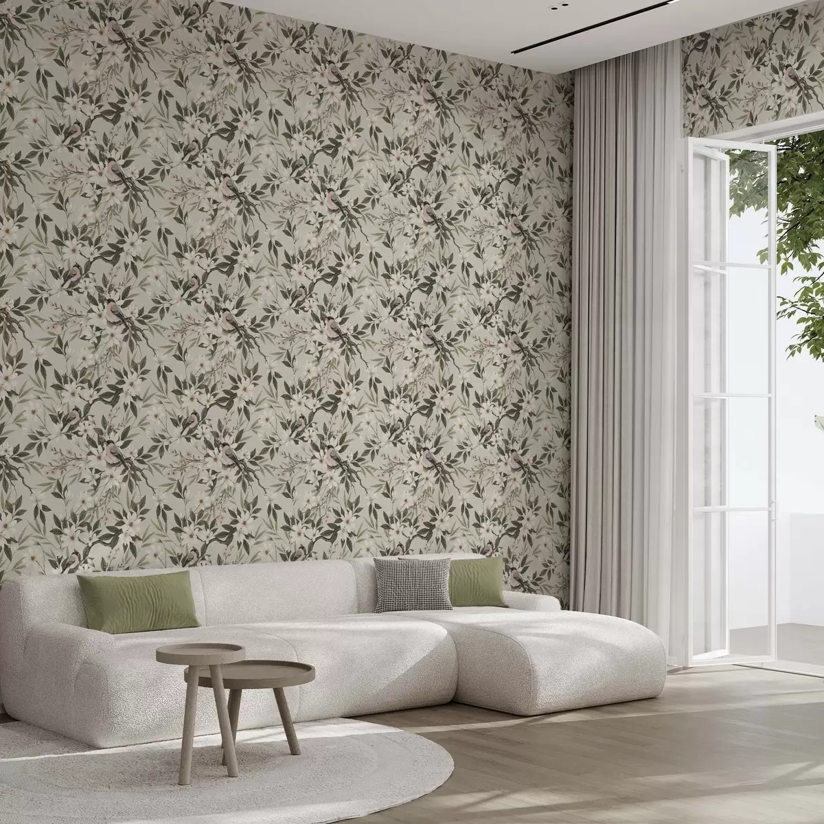 Papel pintado Pintassilgos con el pecho blanco posados en ramas con flores color crema. a00889