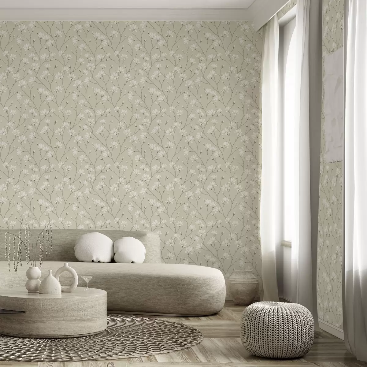Papel pintado Magnolias claras en esbeltas ramas beige a00890