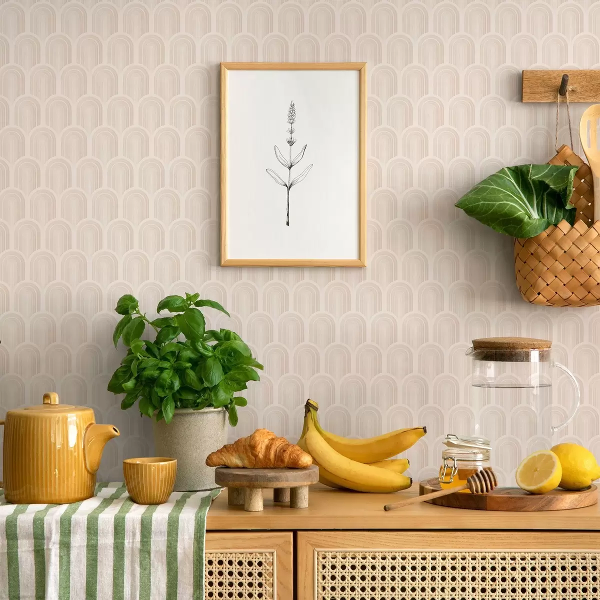 Papel pintado Fila de formas arqueadas en suaves rayas beige, estilo retro. a00923