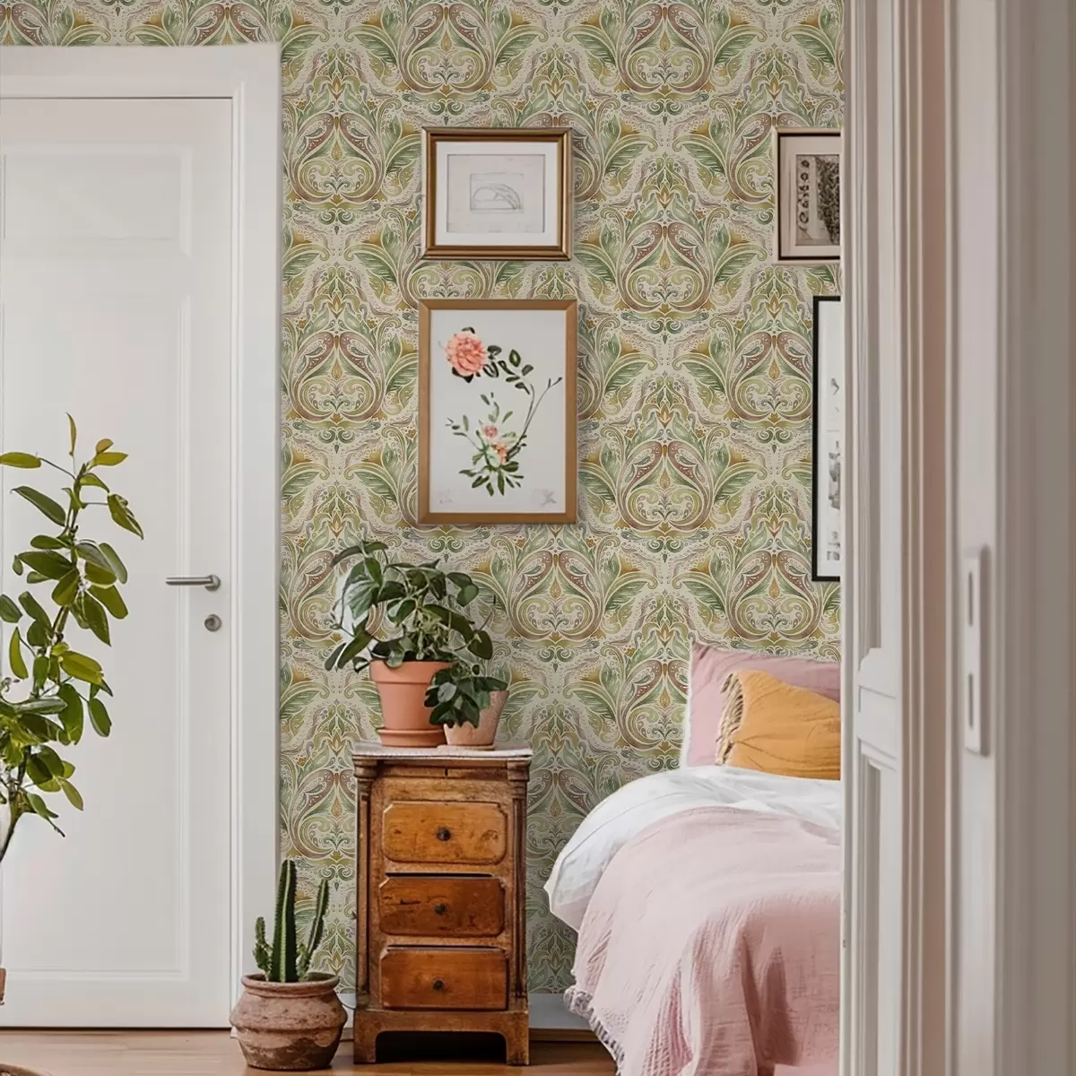Papel pintado Remolinos de hojas en acuarela en tonos verdes y ocres cálidos. a00927