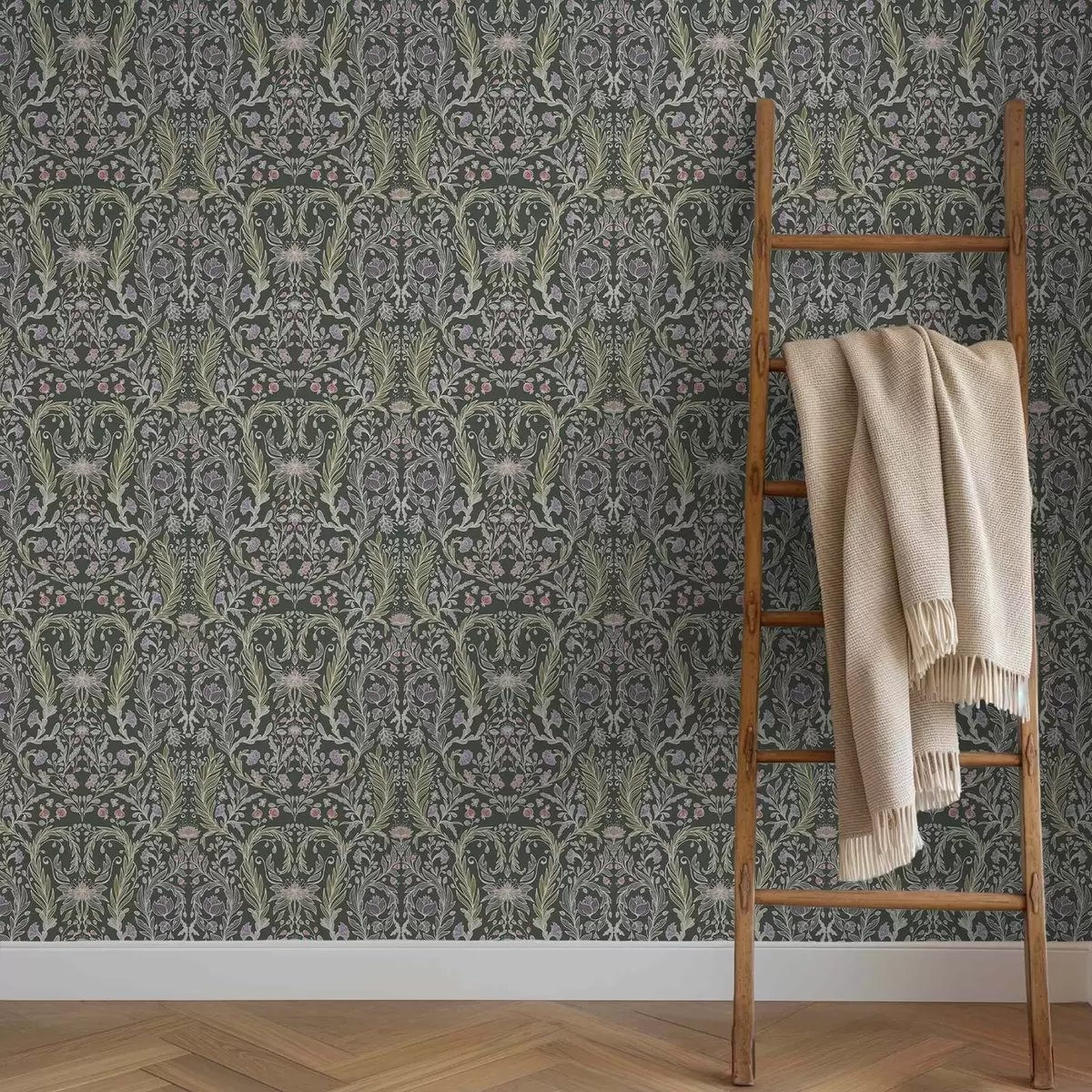 Papel pintado Adorno floral simétrico sobre fondo verde oscuro. a00928