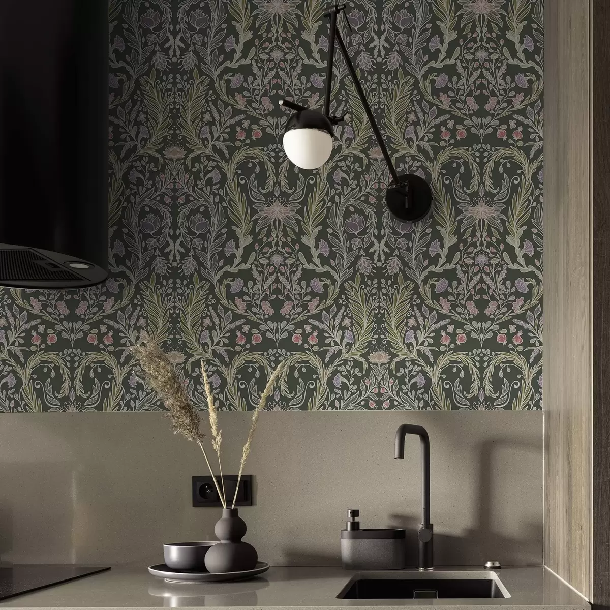 Papel pintado Adorno floral simétrico sobre fondo verde oscuro. a00928