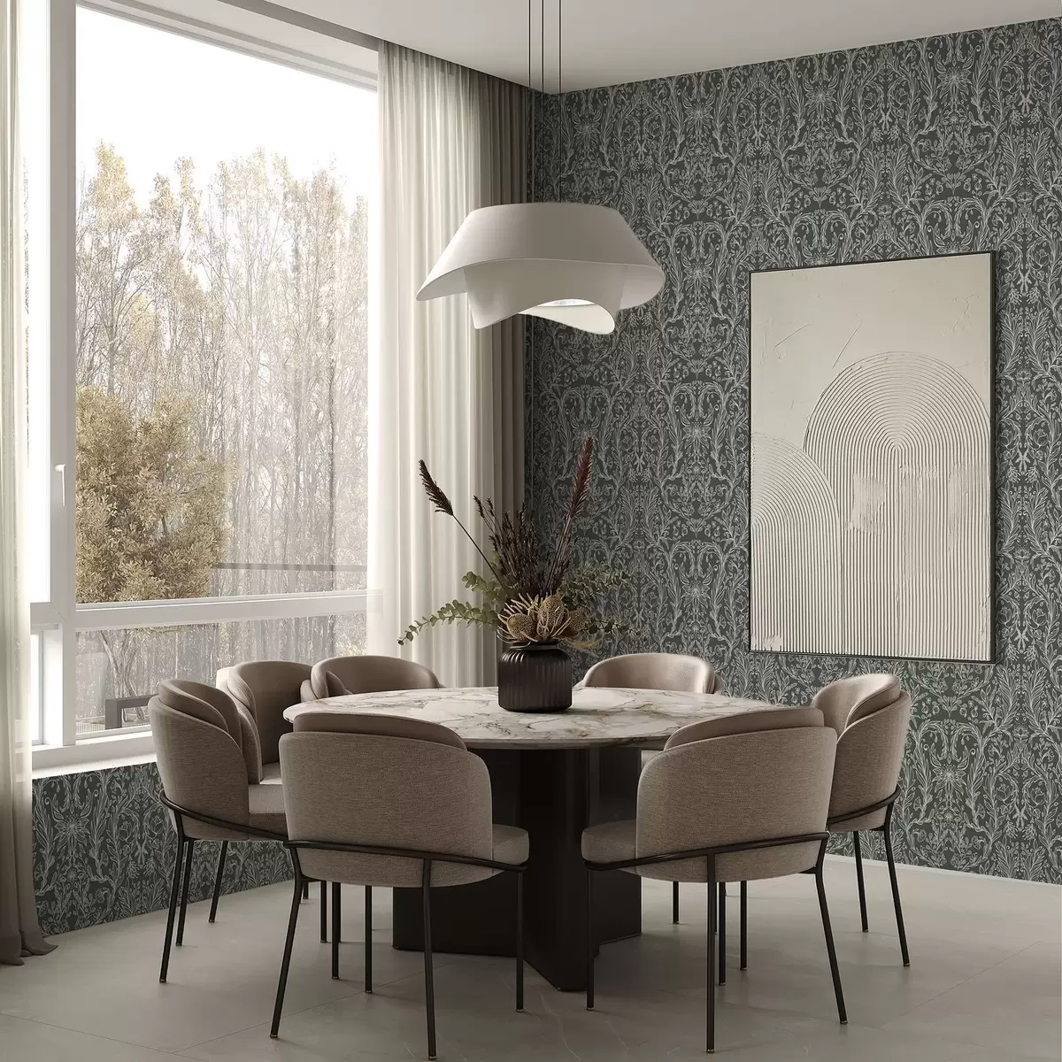 Papel pintado Diseño floral lineal sobre fondo verde oscuro. a00929