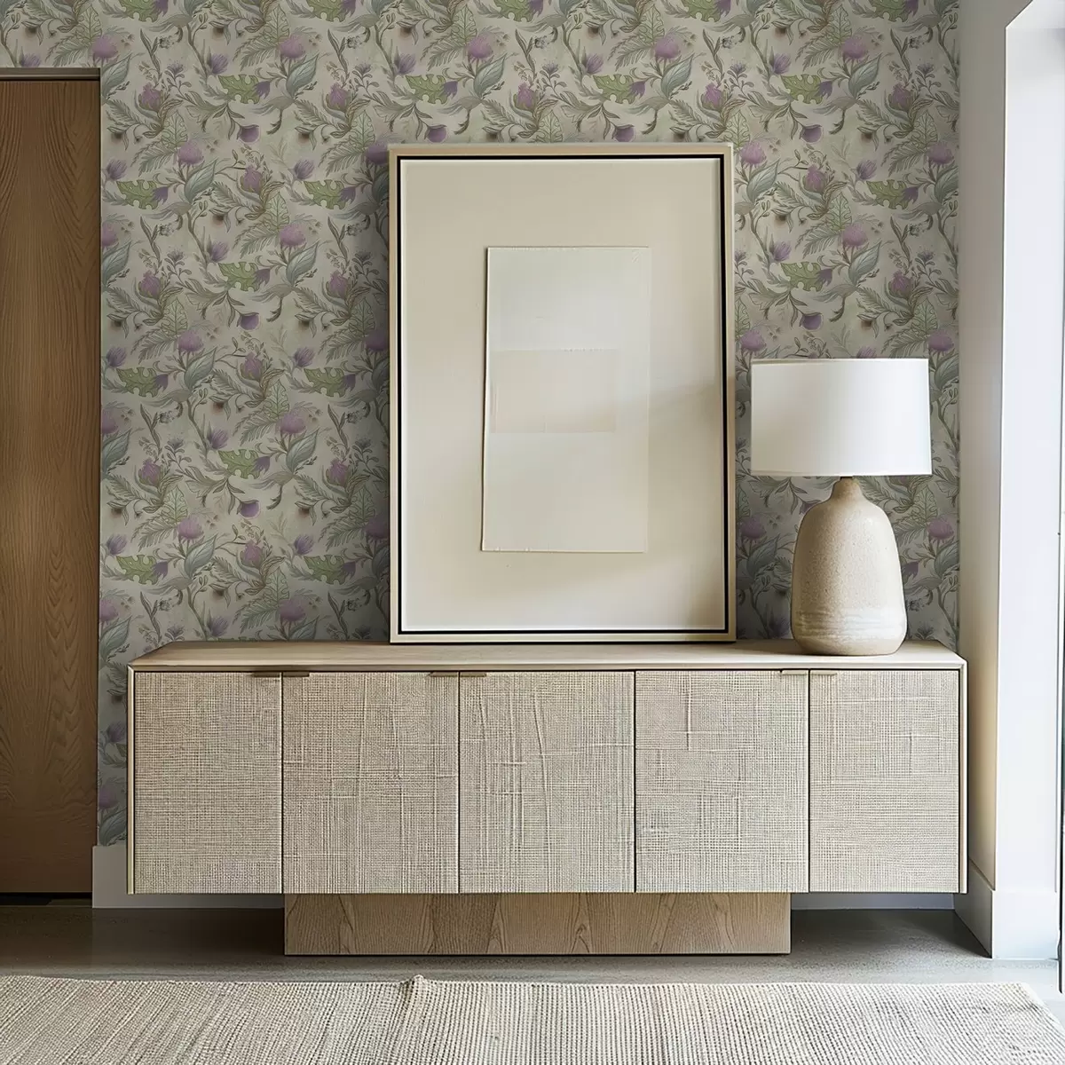 Papel pintado Brotes de lila y suave vegetación sobre fondo crema. a00930v2