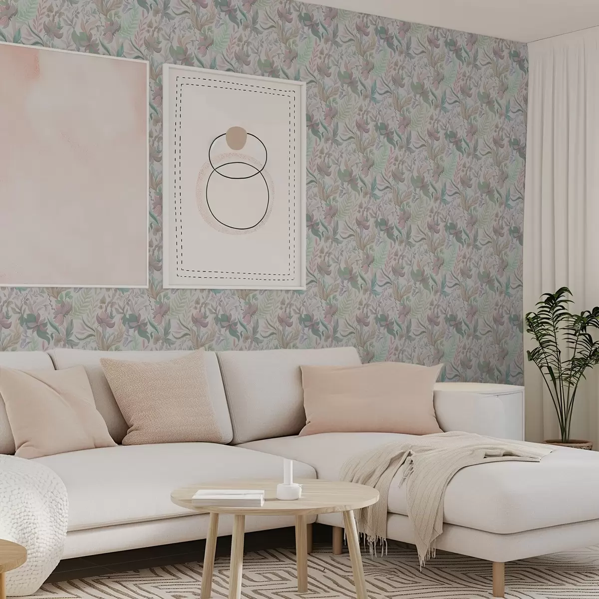 Papel pintado Delicadas flores y hojas en tonos pastel sobre un fondo claro. a00931