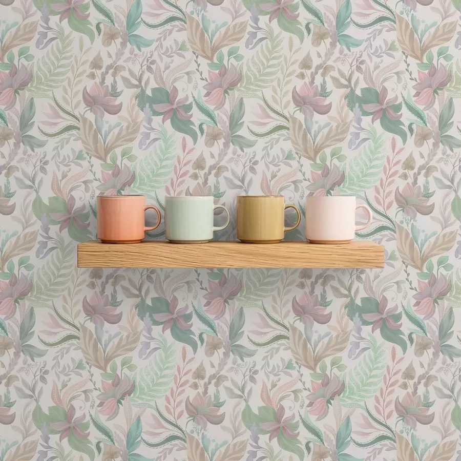 murales de pared Delicadas flores y hojas en tonos pastel sobre un fondo claro. a00931