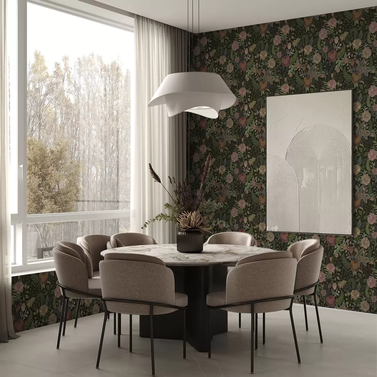 Papel pintado Ricas flores y vegetación sobre un fondo oscuro intenso. a00932