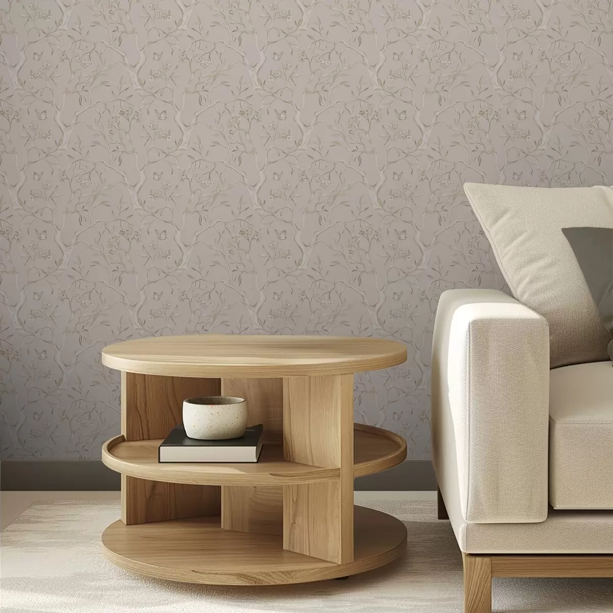 Papel pintado Ramas con flores de color beige y mariposas sobre un fondo suave. a00951v2