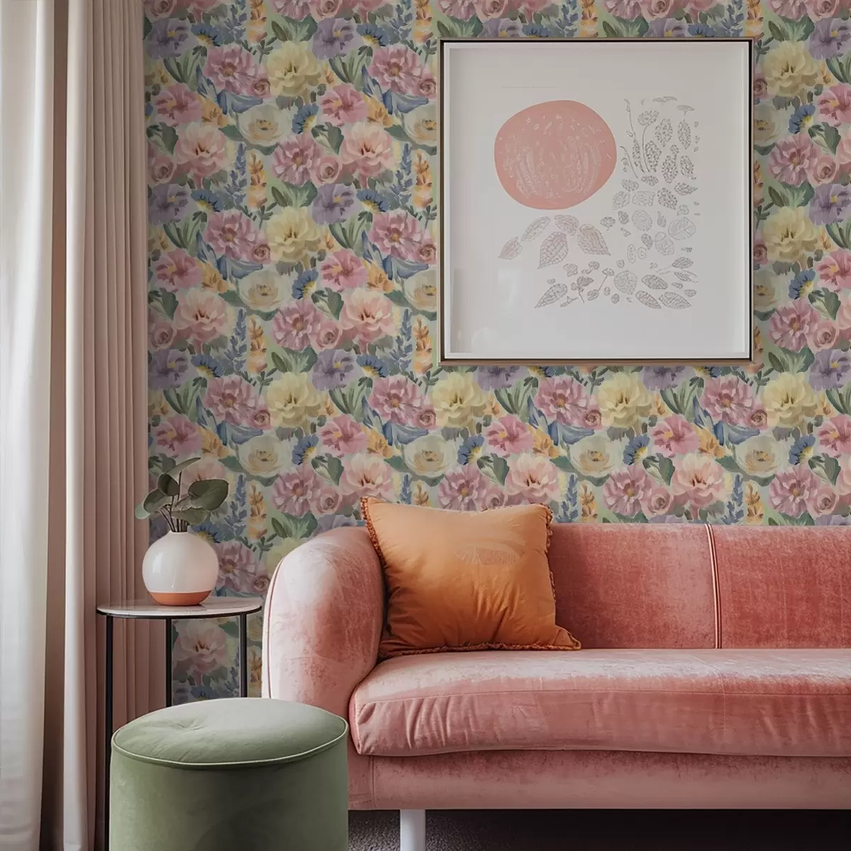 Papel pintado Flores difuminadas con pincel en tonos pastel, paleta de colores suaves. a00954