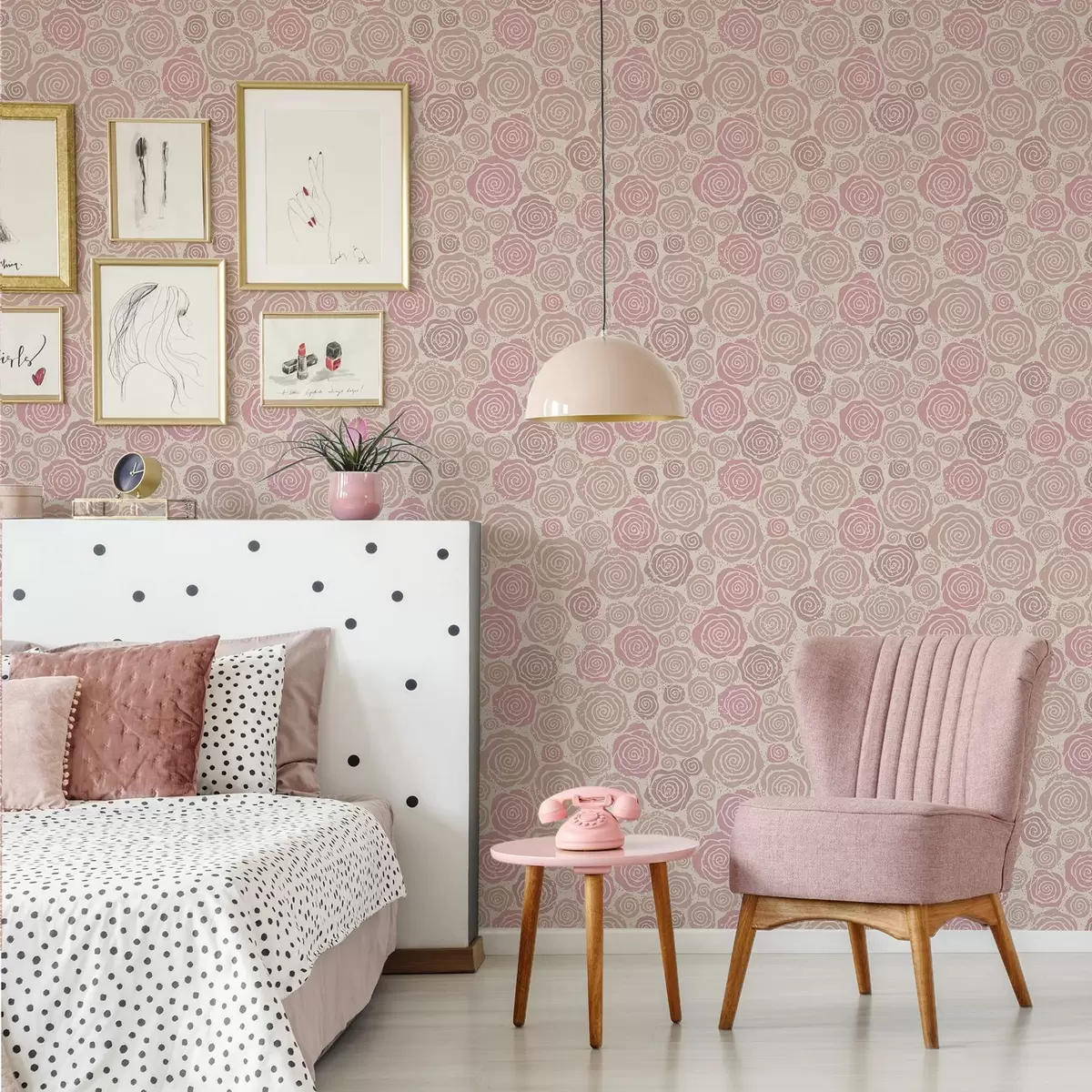 Papel pintado Rosas rosadas en espiral y salpicaduras sobre un fondo claro. a00955