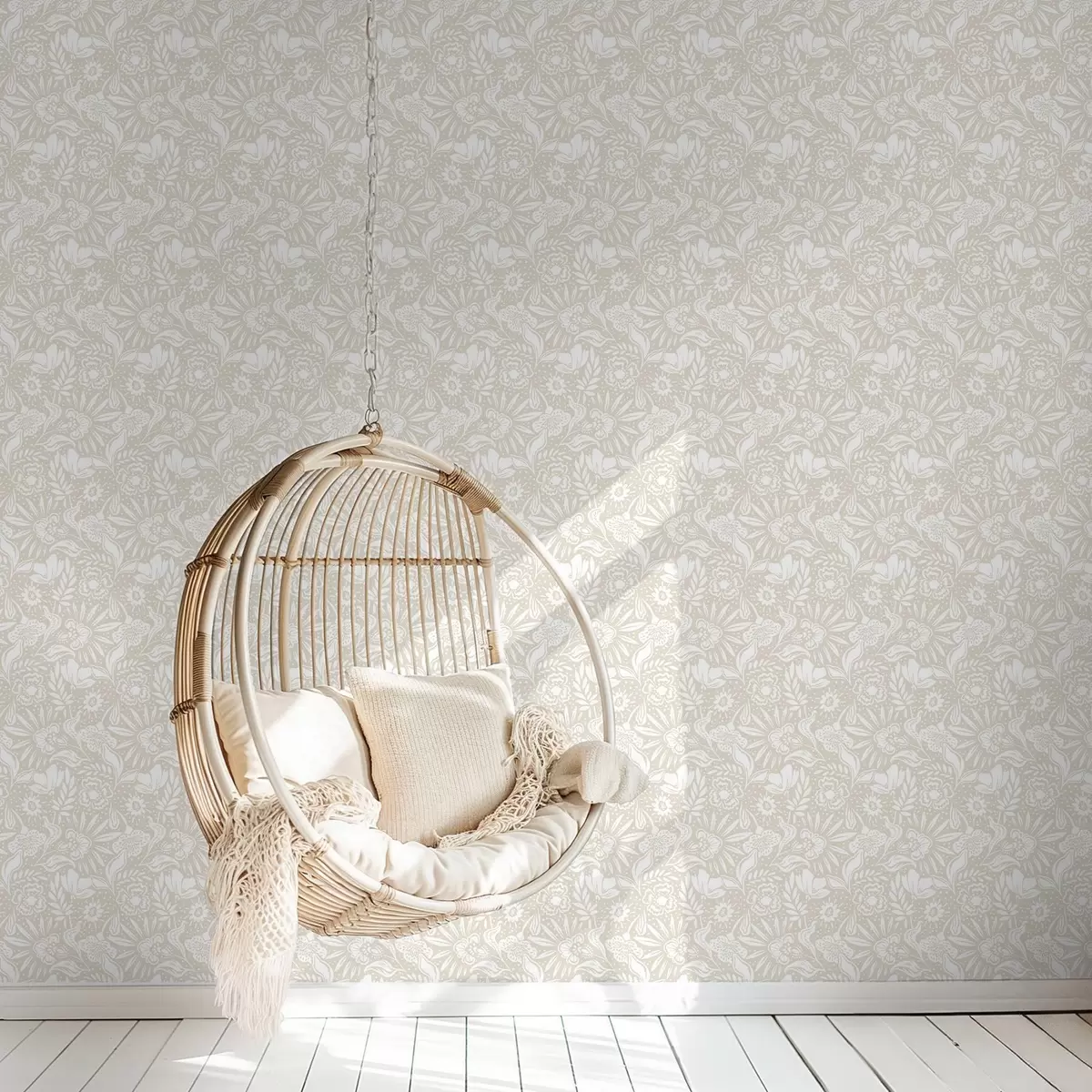 Papel pintado Adorno floral lineal blanco sobre fondo beige. a00956