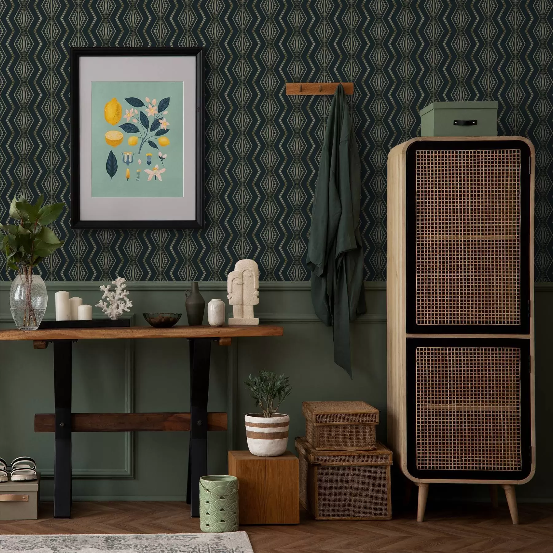 murales de pared Patrón geométrico de rombos en color verde azulado oscuro a00973v1